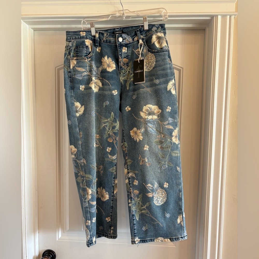 Floral Wide Leg Crop Jeans - Blue